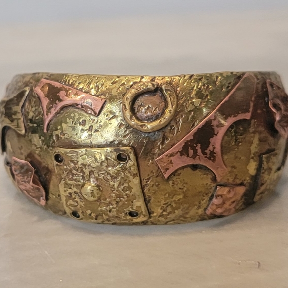 Hand Crafted Jewelry - Mid Century Modernist Cuff Btacelet Artisan Crafted Copper Brass Statement Piece